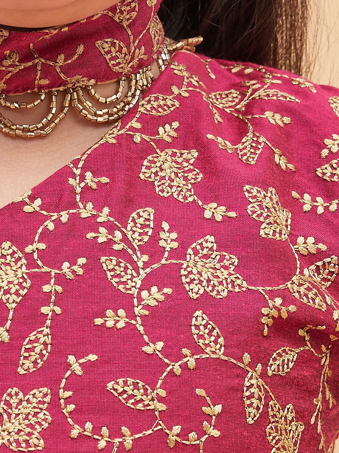 Jashvi Girl's Pink Top And Long Skirt Lehenga Set With Bag And Necklace