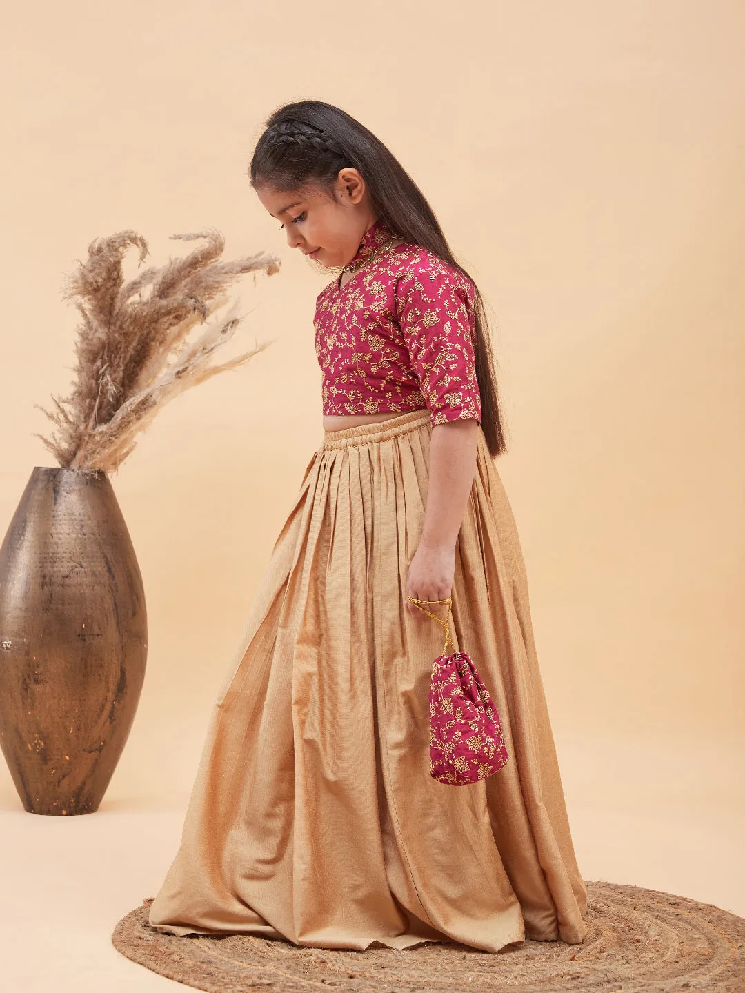 Jashvi Girl's Pink Top And Long Skirt Lehenga Set With Bag And Necklace