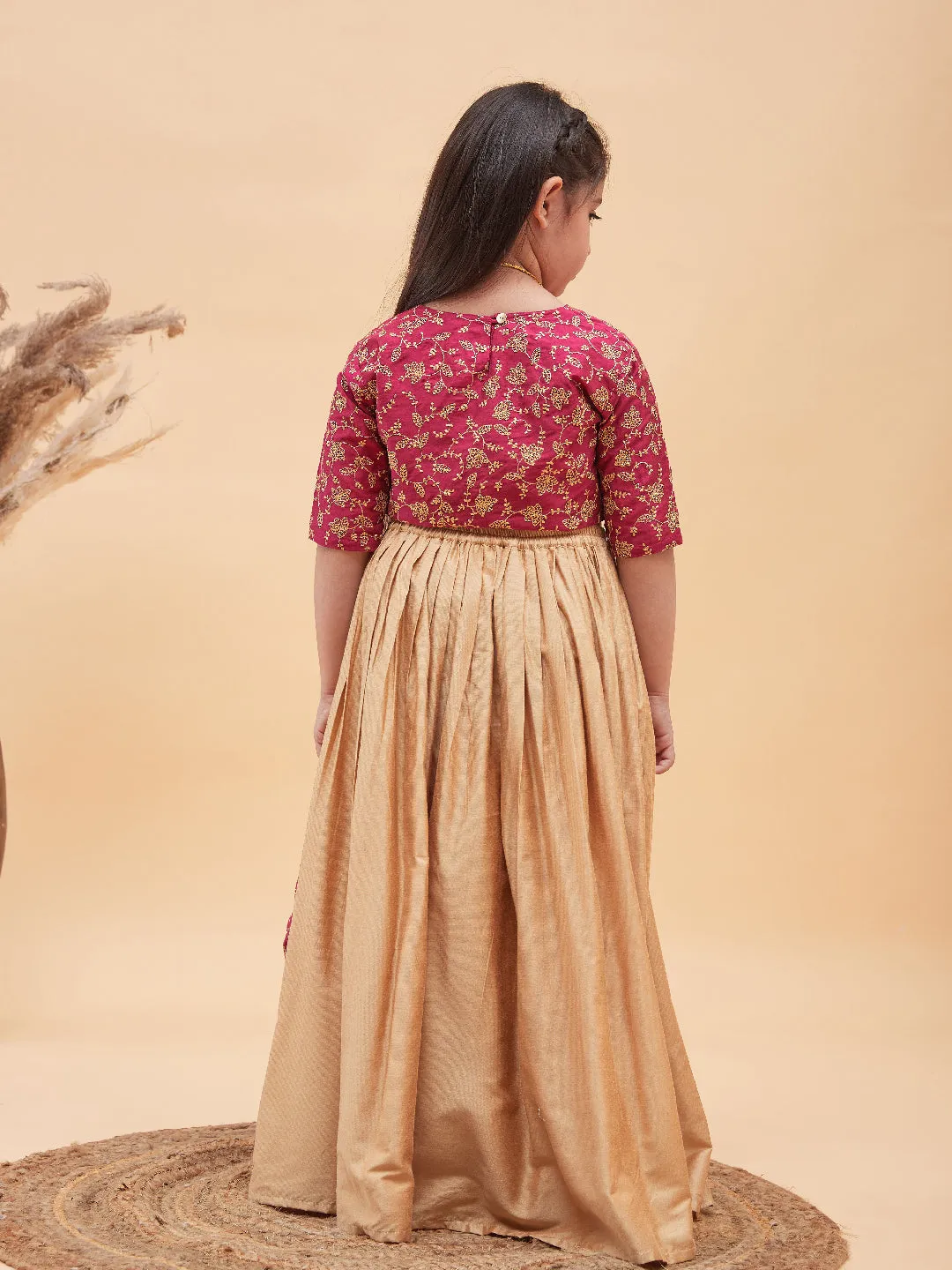 Jashvi Girl's Pink Top And Long Skirt Lehenga Set With Bag And Necklace