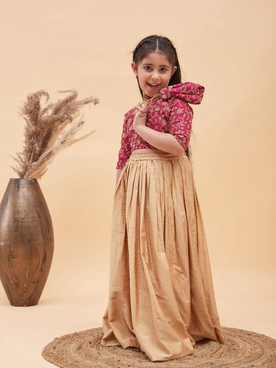Jashvi Girl's Pink Top And Long Skirt Lehenga Set With Bag And Necklace