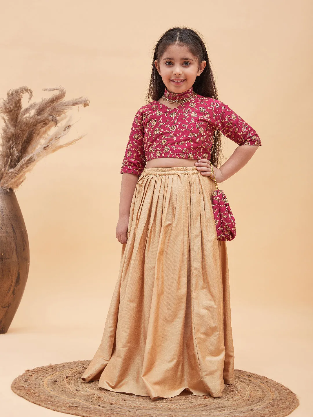 Jashvi Girl's Pink Top And Long Skirt Lehenga Set With Bag And Necklace