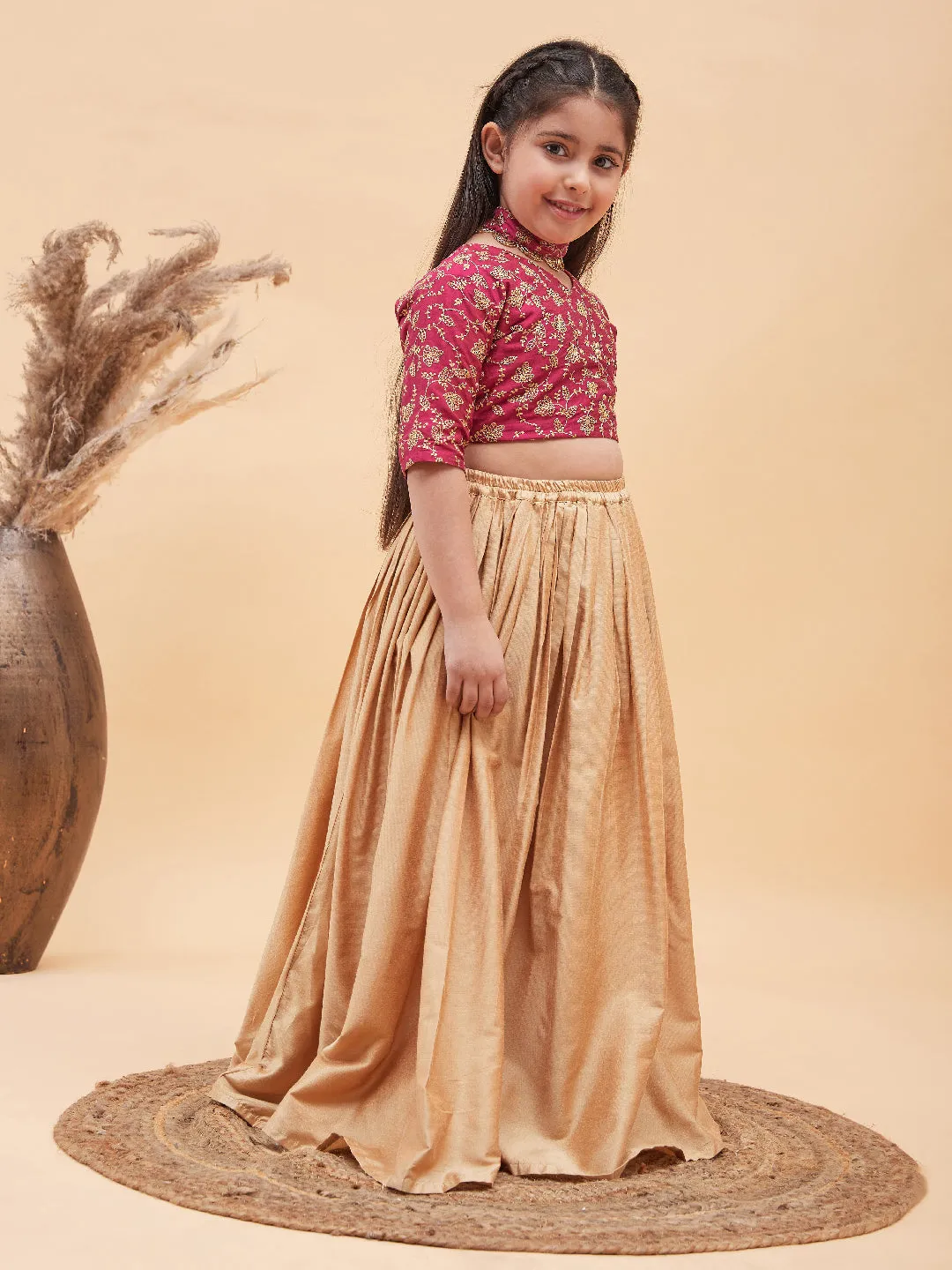 Jashvi Girl's Pink Top And Long Skirt Lehenga Set With Bag And Necklace