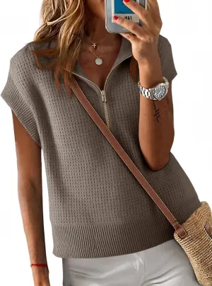 Langwyqu Womens Short Sleeve Cropped Knit Tops Half Zip Cap Sleeve Lightweight Oversized Sweater Vest