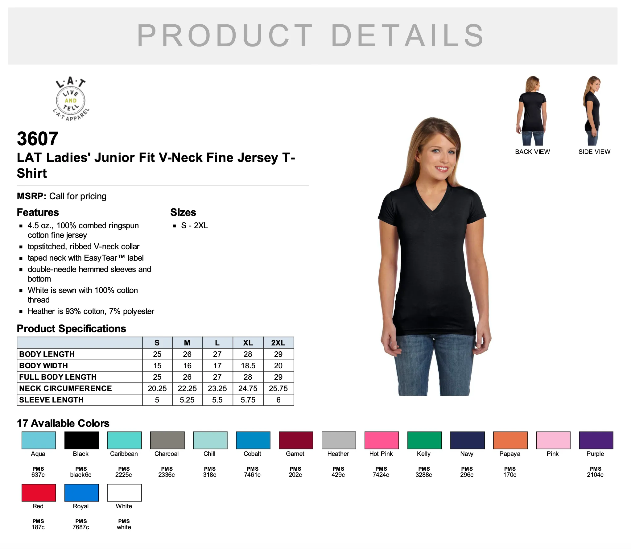 LAT Ladies' Junior Fit V Neck Fine Jersey T Shirt