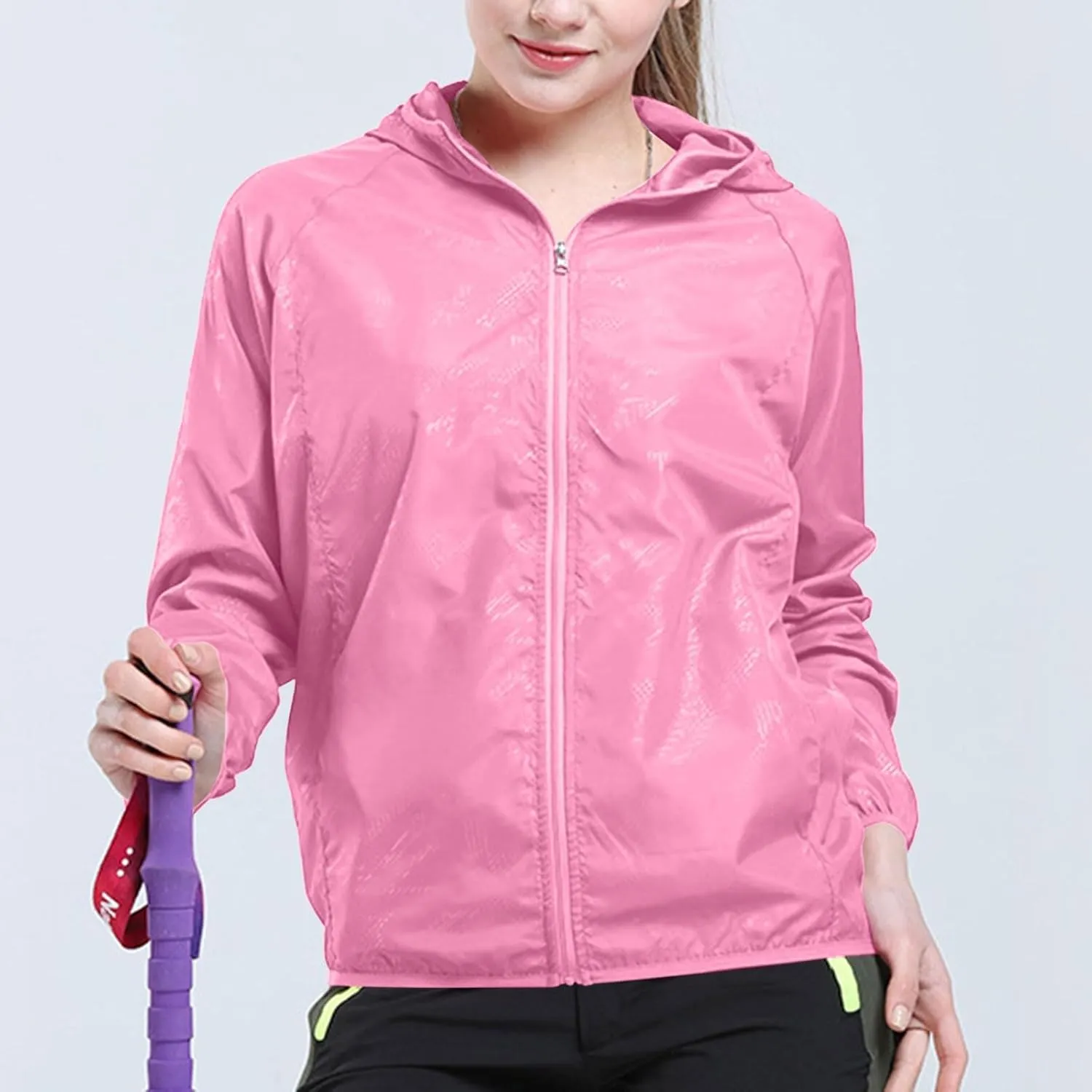 Lightweight Rain Jacket Women Packable Hooded Rain Coat Waterproof Active Outdoor Hooded Windbreaker with Pockets
