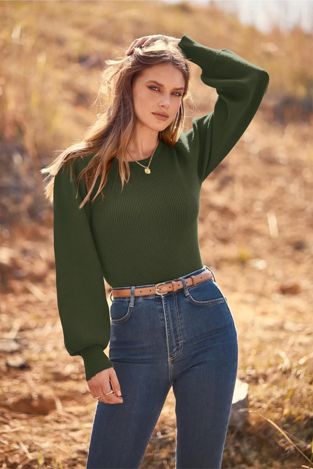 MASCOMODA Long Puff Sleeve Sweaters for Women 2025 Fall Winter Crewneck Knit Ribbed Bodysuit Pullover Tops