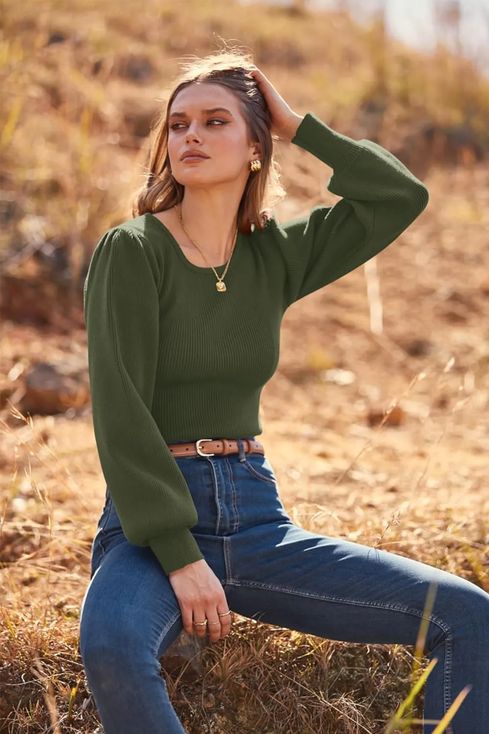 MASCOMODA Long Puff Sleeve Sweaters for Women 2025 Fall Winter Crewneck Knit Ribbed Bodysuit Pullover Tops