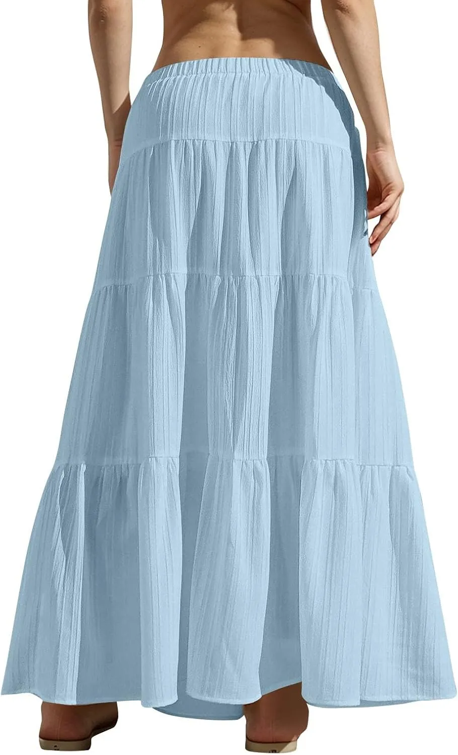 Maxi Skirts for Women Flowy Drawstring Elastic Waist Tiered Ruffle Hem Skort Summer Casual Solid Color A Line Skirt