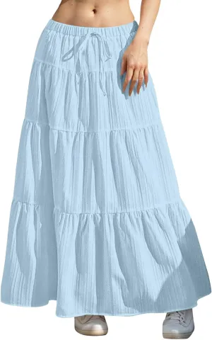 Maxi Skirts for Women Flowy Drawstring Elastic Waist Tiered Ruffle Hem Skort Summer Casual Solid Color A Line Skirt