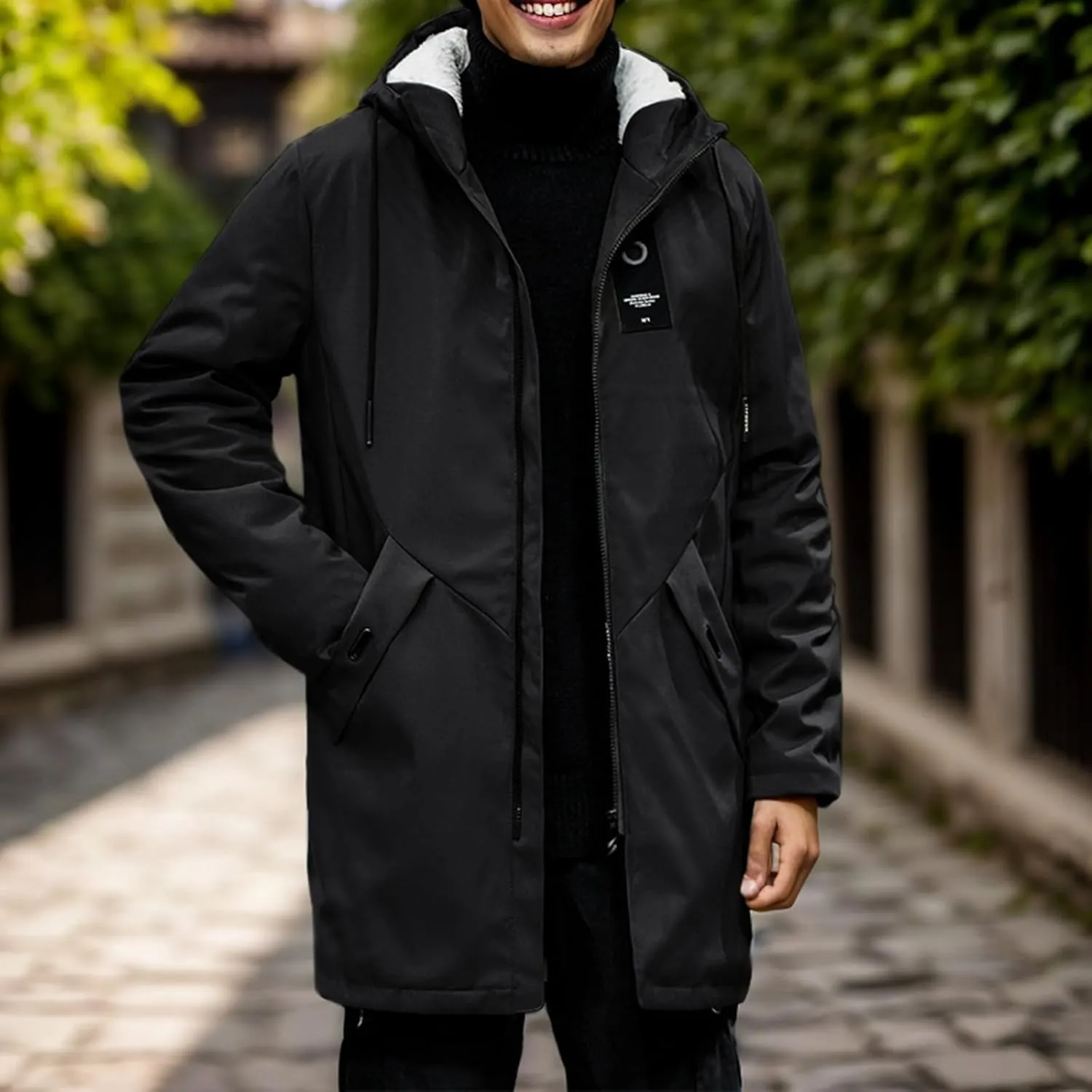 Mens 2024 Winter Hooded Trench Coats Stylish Long Zip Windbreaker Jacket Plus Size Windproof Outdoor Hiking Travel Overcoats