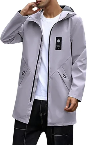 Mens 2024 Winter Hooded Trench Coats Stylish Long Zip Windbreaker Jacket Plus Size Windproof Outdoor Hiking Travel Overcoats