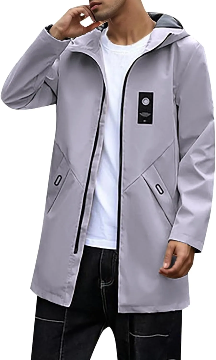Mens 2024 Winter Hooded Trench Coats Stylish Long Zip Windbreaker Jacket Plus Size Windproof Outdoor Hiking Travel Overcoats
