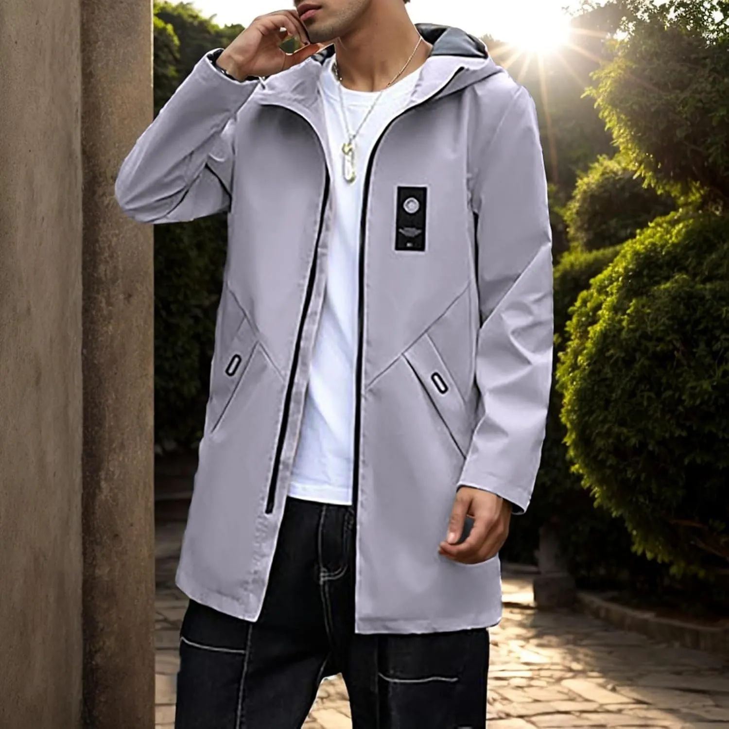 Mens 2024 Winter Hooded Trench Coats Stylish Long Zip Windbreaker Jacket Plus Size Windproof Outdoor Hiking Travel Overcoats
