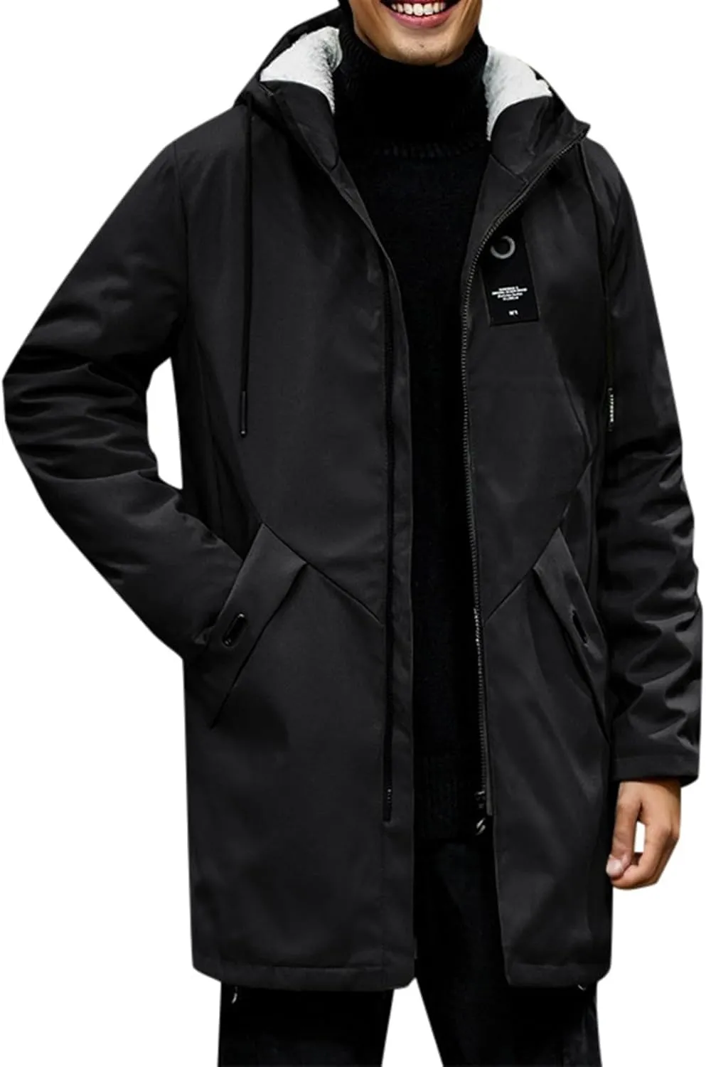 Mens 2024 Winter Hooded Trench Coats Stylish Long Zip Windbreaker Jacket Plus Size Windproof Outdoor Hiking Travel Overcoats