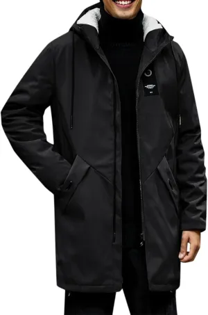 Mens 2024 Winter Hooded Trench Coats Stylish Long Zip Windbreaker Jacket Plus Size Windproof Outdoor Hiking Travel Overcoats