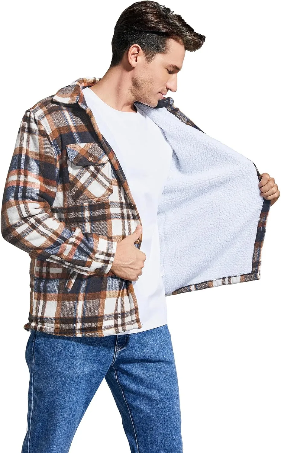 Men's Cotton Flannel Shirt Jacket Fleece Lined Long Sleeve Plaid Shirt for Men