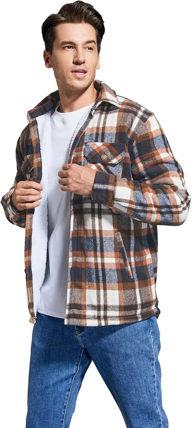 Men's Cotton Flannel Shirt Jacket Fleece Lined Long Sleeve Plaid Shirt for Men
