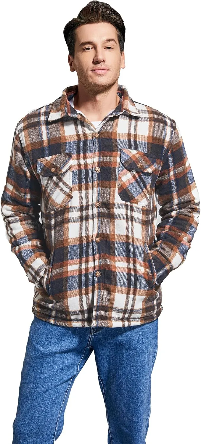 Men's Cotton Flannel Shirt Jacket Fleece Lined Long Sleeve Plaid Shirt for Men