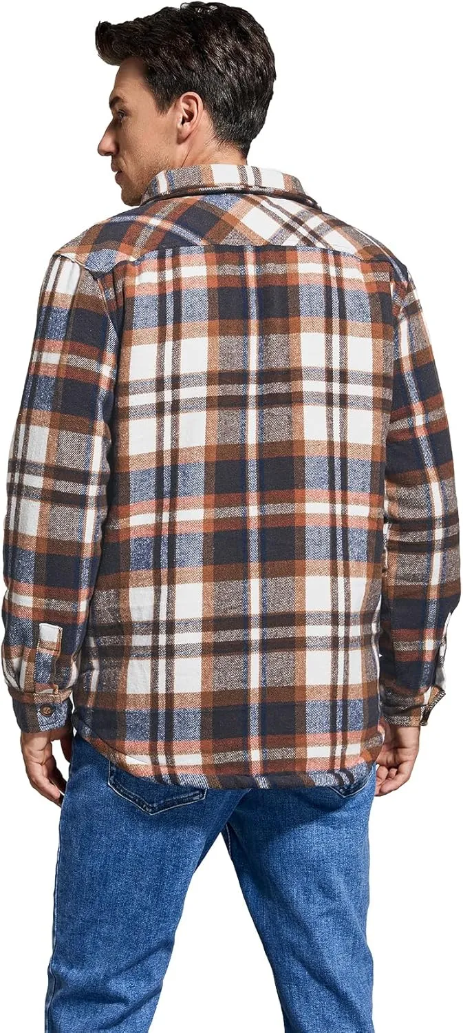 Men's Cotton Flannel Shirt Jacket Fleece Lined Long Sleeve Plaid Shirt for Men
