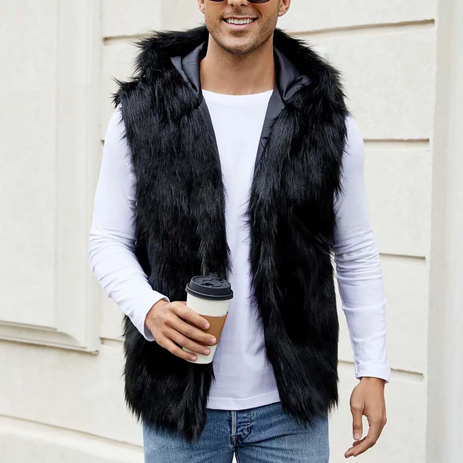 Mens Faux Fur Vest Open Front Sleeveless Hooded Cardigan Fluffy Plush Winter Fashion Faux Fur Hoodie Jackets