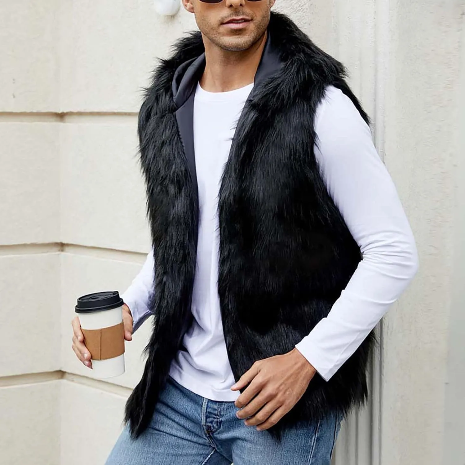 Mens Faux Fur Vest Open Front Sleeveless Hooded Cardigan Fluffy Plush Winter Fashion Faux Fur Hoodie Jackets
