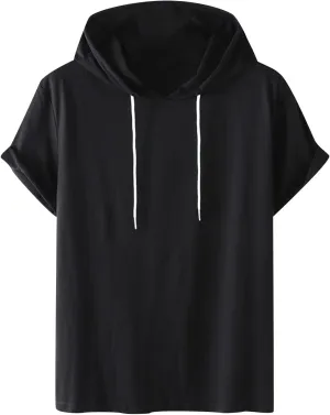Men's Loose Fit Short Sleeve Active Athletic Hoodie Pullover Sweatshirt Solid Color Drawstring Summer Sports T-Shirt Top