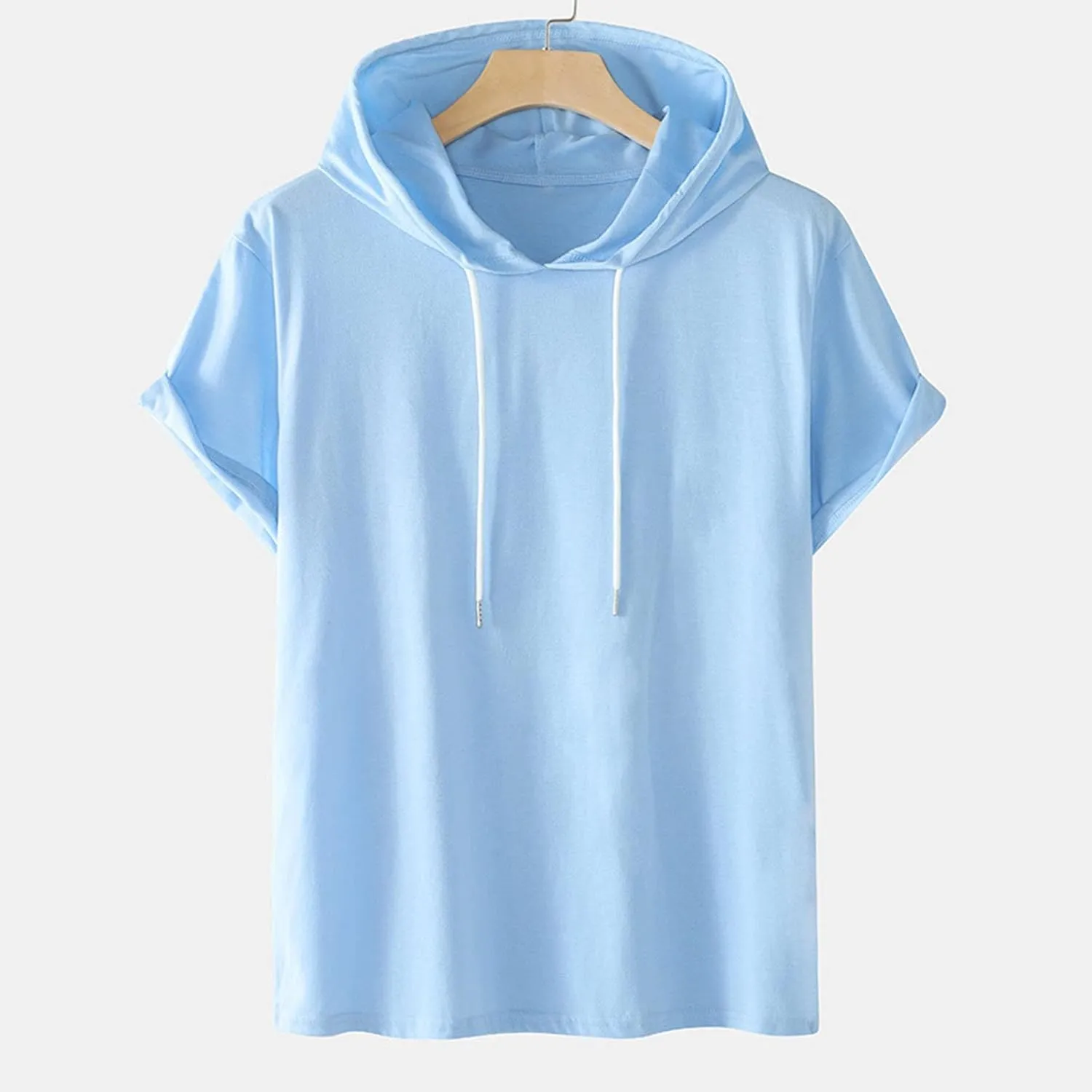 Men's Loose Fit Short Sleeve Active Athletic Hoodie Pullover Sweatshirt Solid Color Drawstring Summer Sports T-Shirt Top