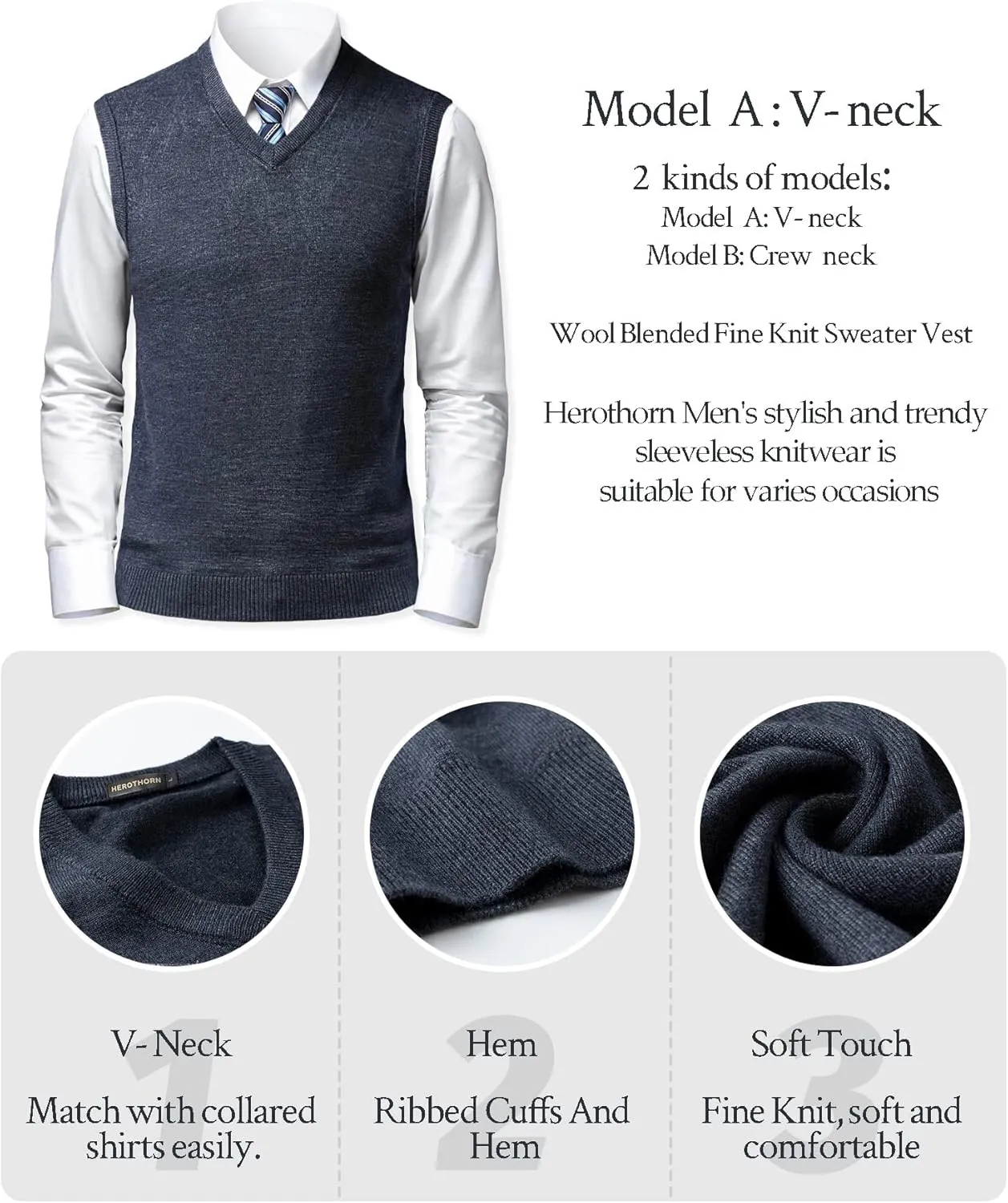 Mens Soft V Neck Crew Neck Knitted Sweater Vest Solid Sleeveless Pullover Slim Fit Plain Color for Dad Husband