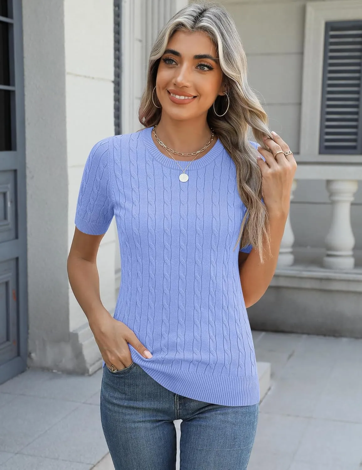 Micoson Womens Short Sleeve Cable Knit Sweater Tops Crewneck Lightweight Spring Summer Shirts Business Dressy Casual Outfits