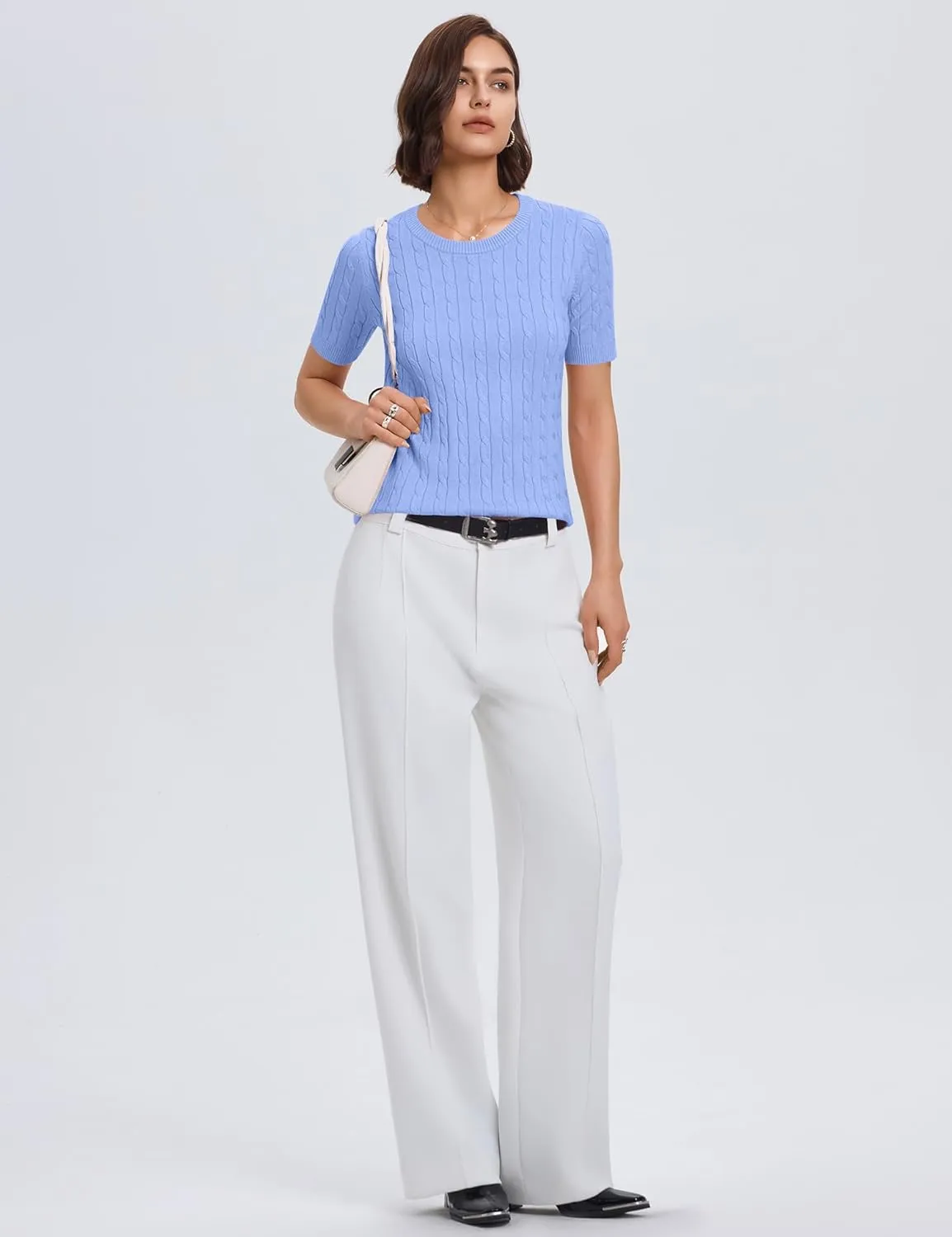 Micoson Womens Short Sleeve Cable Knit Sweater Tops Crewneck Lightweight Spring Summer Shirts Business Dressy Casual Outfits