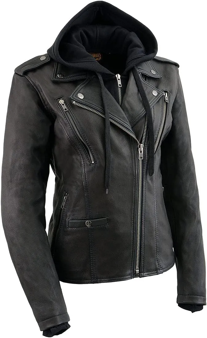 Milwaukee Leather MLL2575 Women's Black Leather Vented Motorcycle Jacket w/Removable Hoodie