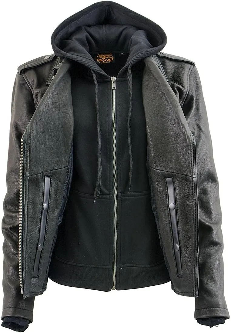 Milwaukee Leather MLL2575 Women's Black Leather Vented Motorcycle Jacket w/Removable Hoodie
