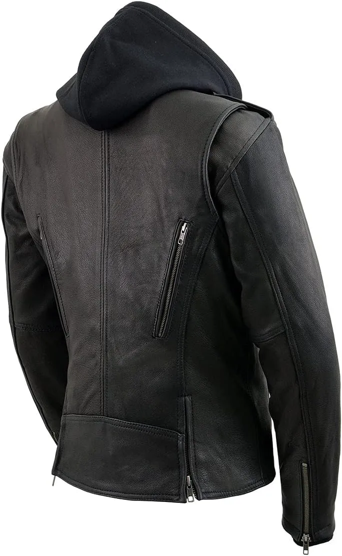 Milwaukee Leather MLL2575 Women's Black Leather Vented Motorcycle Jacket w/Removable Hoodie