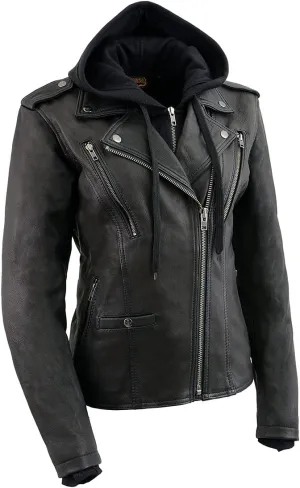 Milwaukee Leather MLL2575 Women's Black Leather Vented Motorcycle Jacket w/Removable Hoodie
