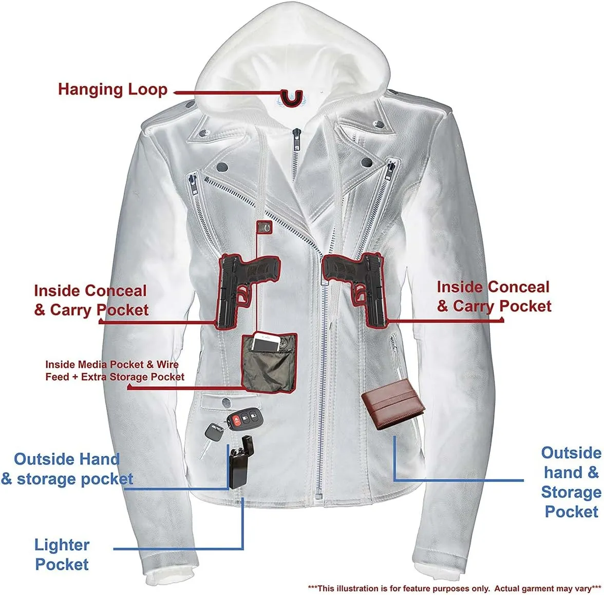 Milwaukee Leather MLL2575 Women's Black Leather Vented Motorcycle Jacket w/Removable Hoodie