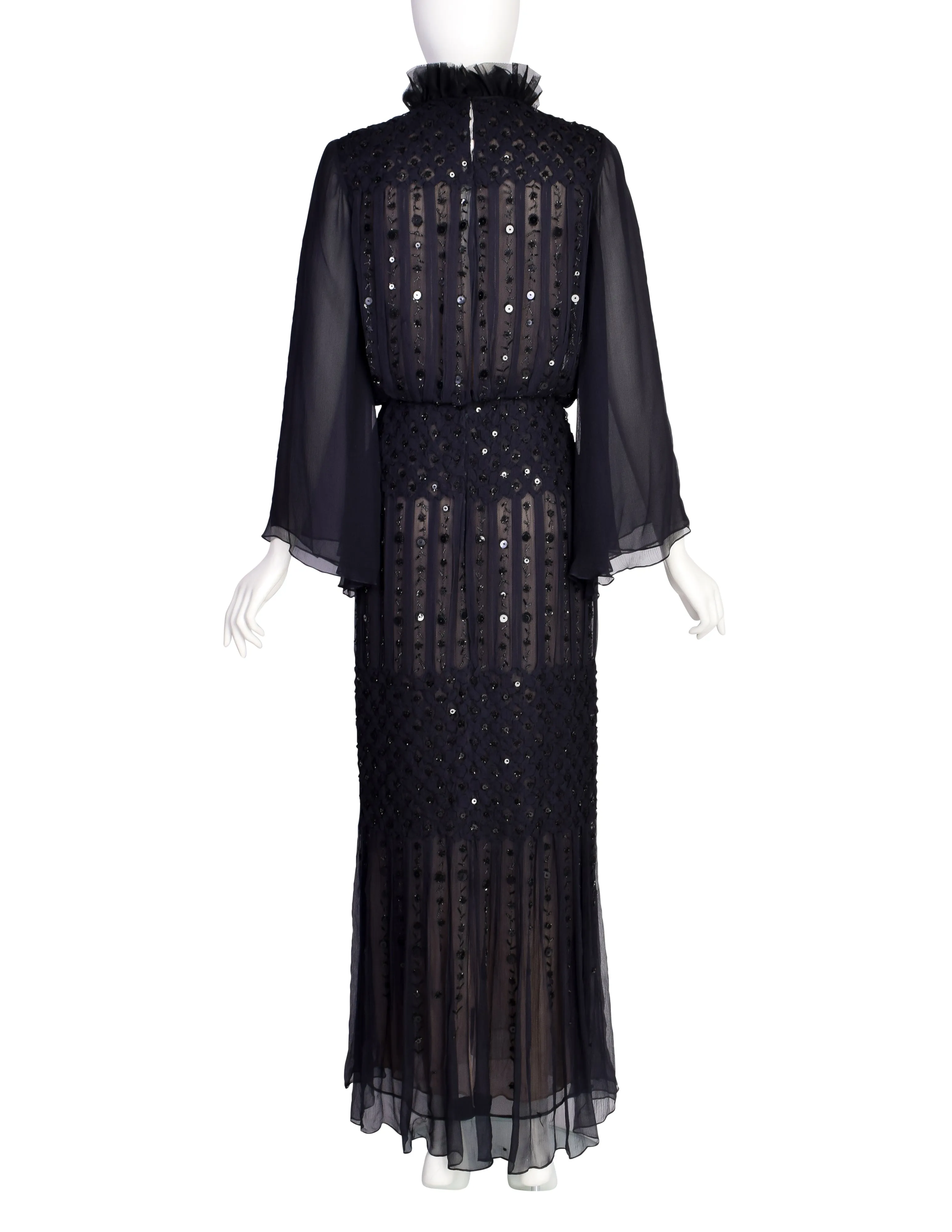 Oscar de la Renta Vintage AW 2006 Black Sheer Silk Chiffon Smocked Pleated Beaded Sequin Dress