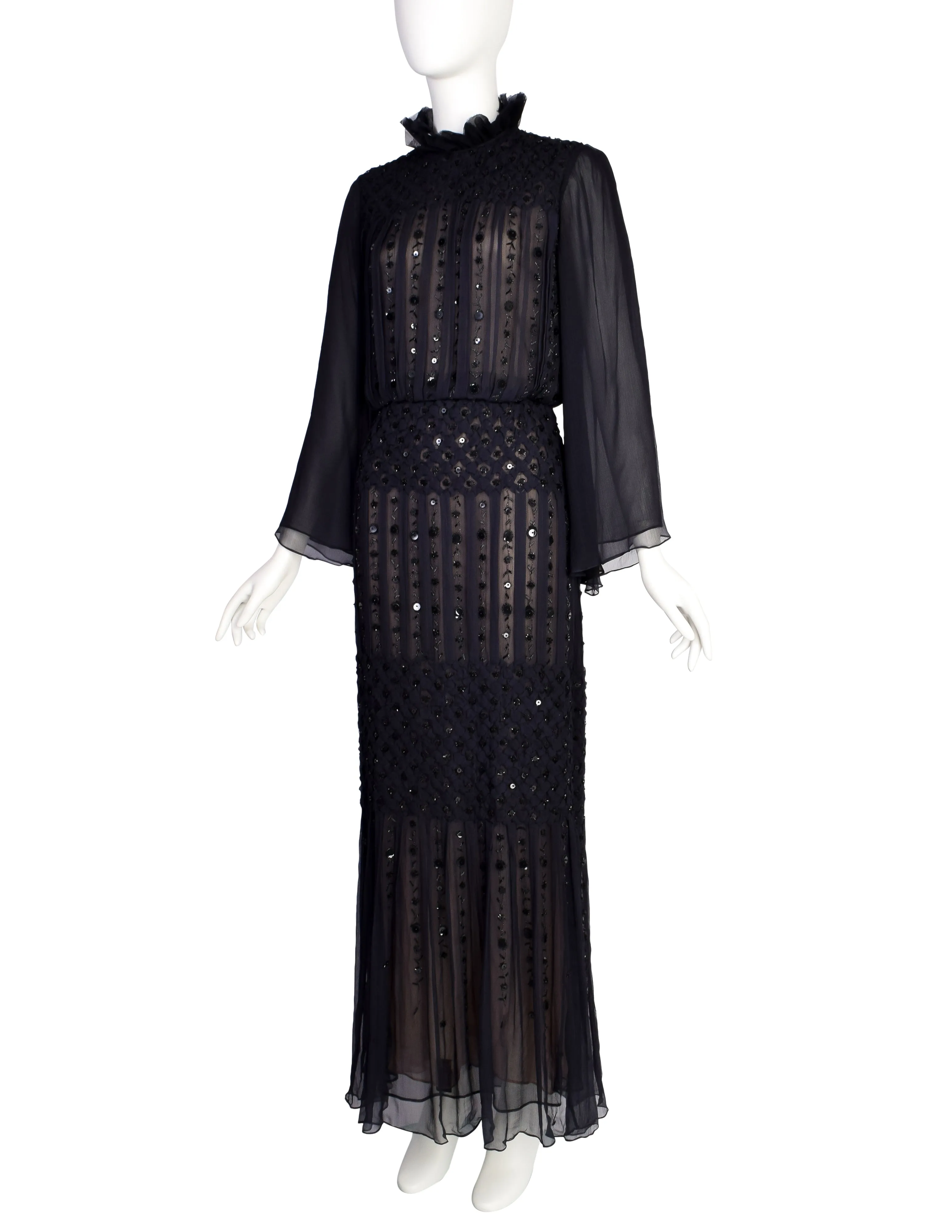 Oscar de la Renta Vintage AW 2006 Black Sheer Silk Chiffon Smocked Pleated Beaded Sequin Dress