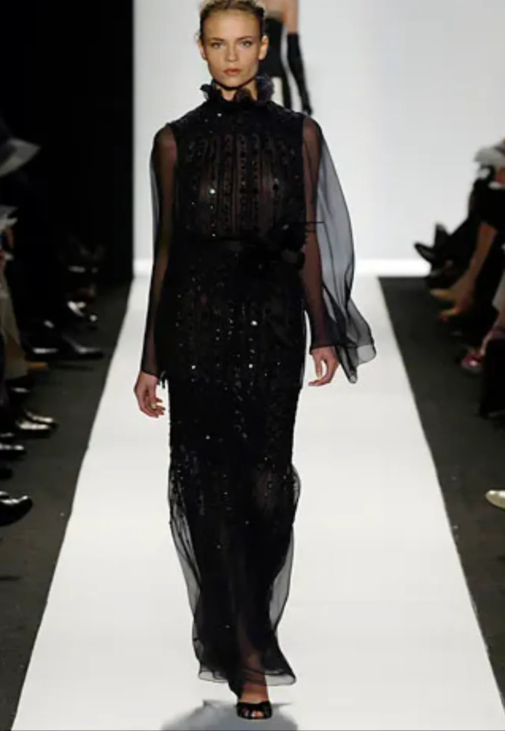 Oscar de la Renta Vintage AW 2006 Black Sheer Silk Chiffon Smocked Pleated Beaded Sequin Dress