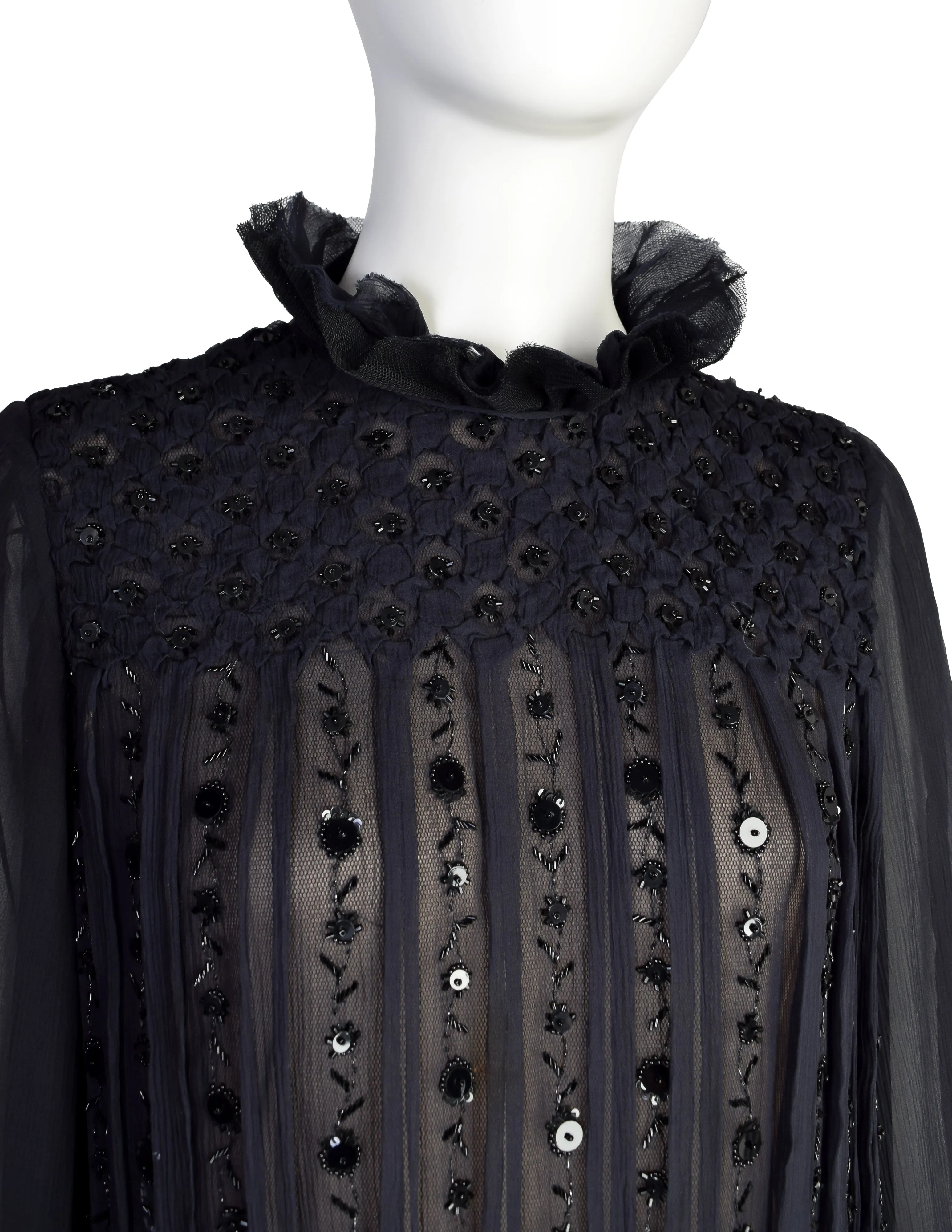 Oscar de la Renta Vintage AW 2006 Black Sheer Silk Chiffon Smocked Pleated Beaded Sequin Dress