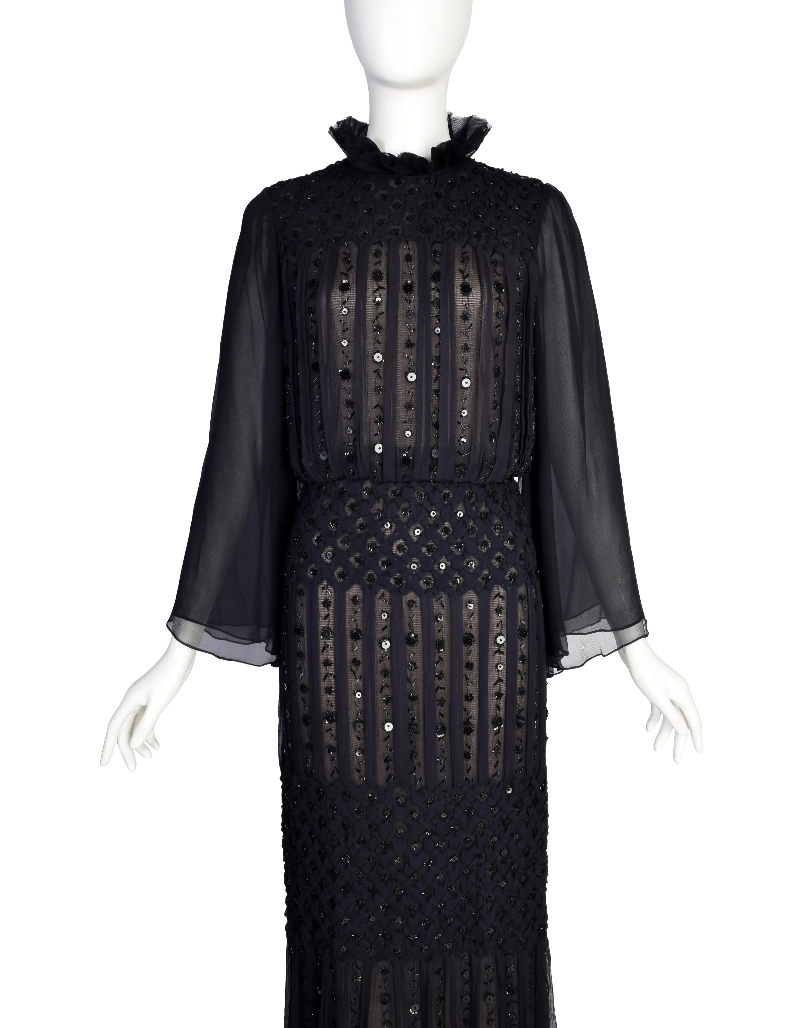 Oscar de la Renta Vintage AW 2006 Black Sheer Silk Chiffon Smocked Pleated Beaded Sequin Dress