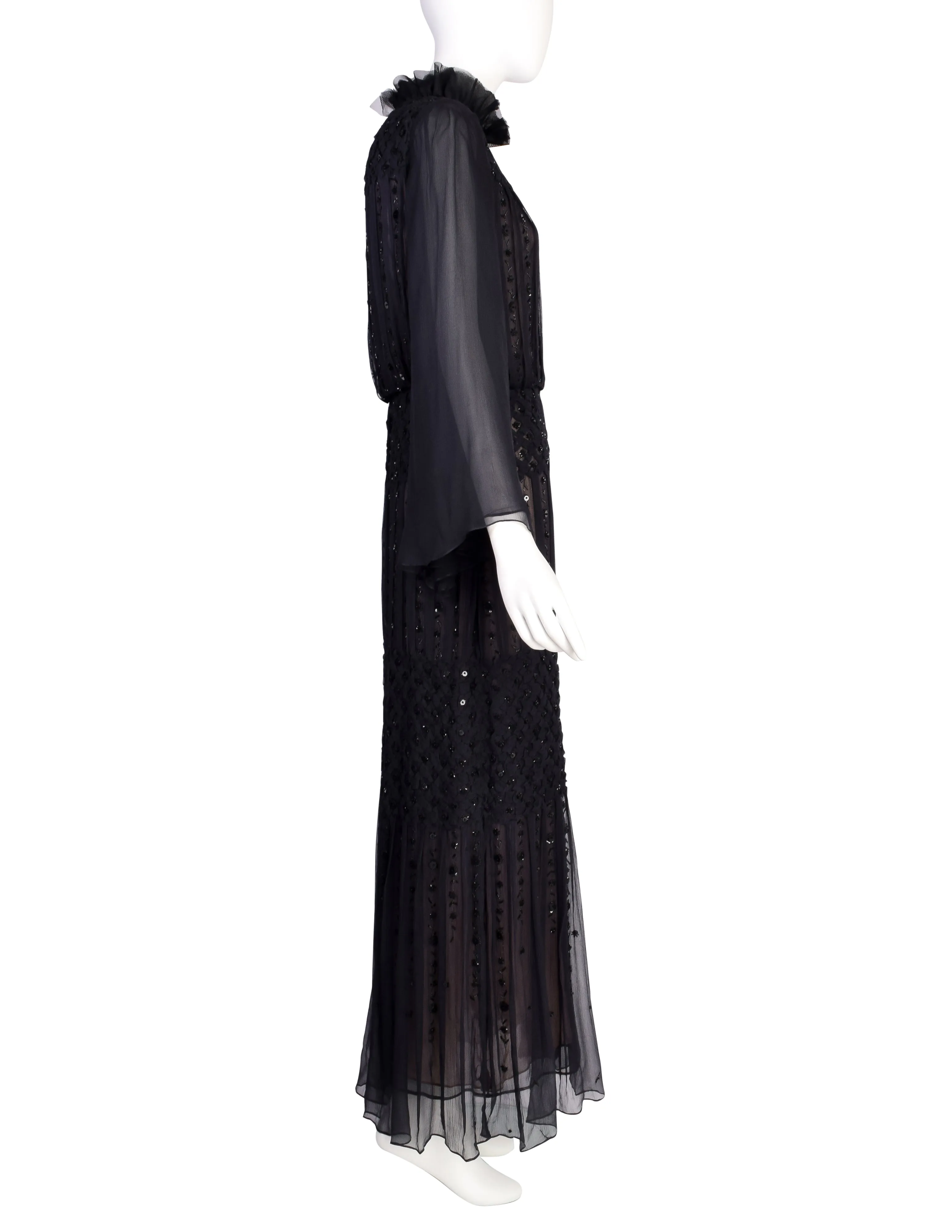Oscar de la Renta Vintage AW 2006 Black Sheer Silk Chiffon Smocked Pleated Beaded Sequin Dress