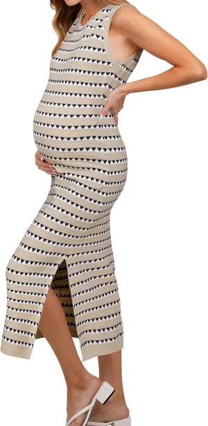 OUGES Women's 2025 Summer Maternity Dress Knit Sleeveless Crewneck Midi Dress Side Slit Striped Bodycon Sweater Dress