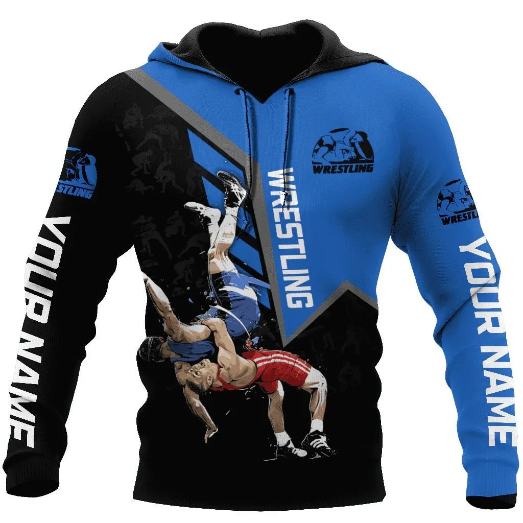 Personalized Name Wrestling Shirts Blue 3D Full Printed, Sweatshirt Hoodie Gift for Wrestling Christmas