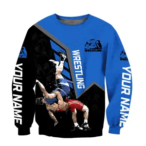 Personalized Name Wrestling Shirts Blue 3D Full Printed, Sweatshirt Hoodie Gift for Wrestling Christmas