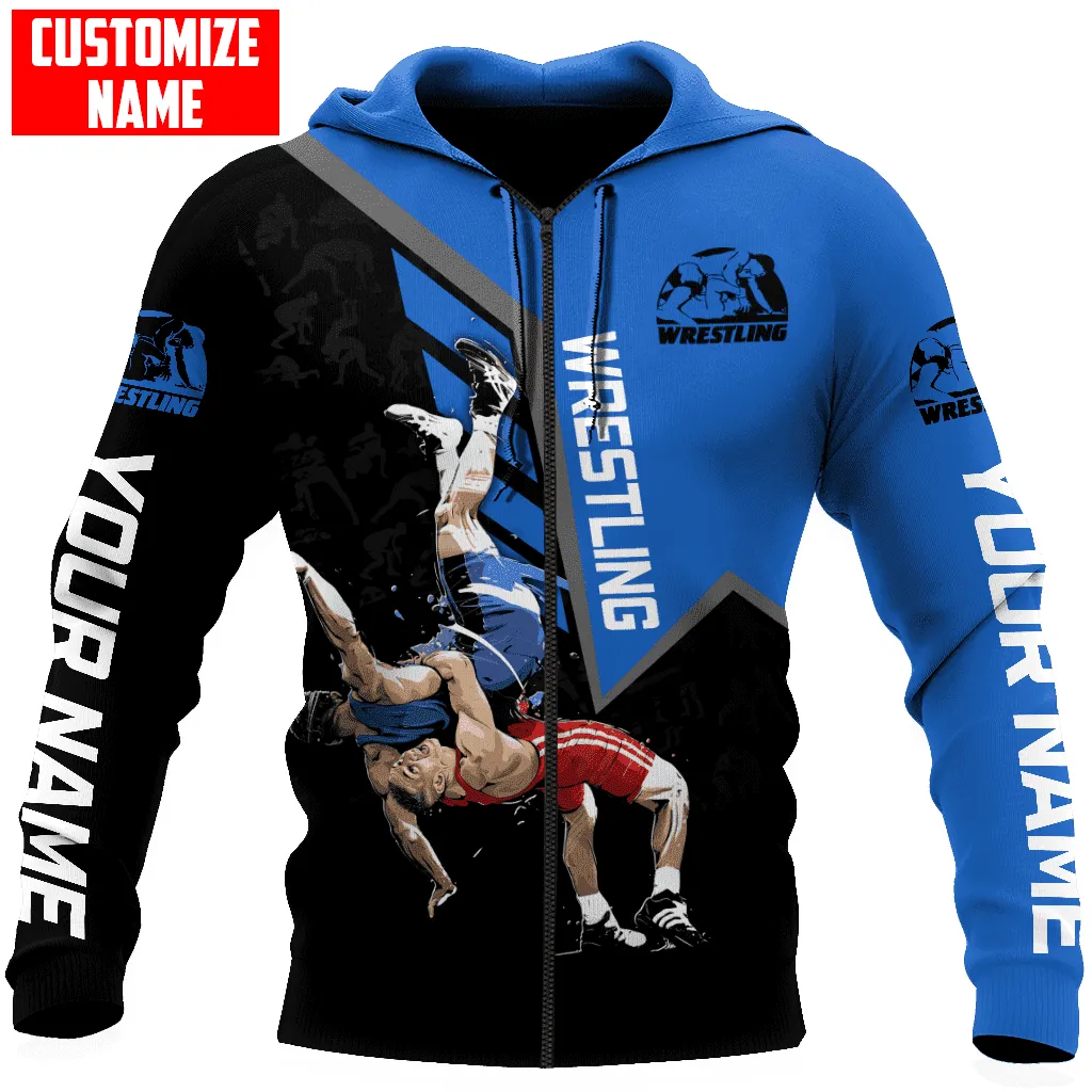Personalized Name Wrestling Shirts Blue 3D Full Printed, Sweatshirt Hoodie Gift for Wrestling Christmas