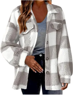 Plaid Fleece Shacket Jacket Womens Oversized Flannel Button Fall Hoodie Jackets With Pockets Warm Winter Coats