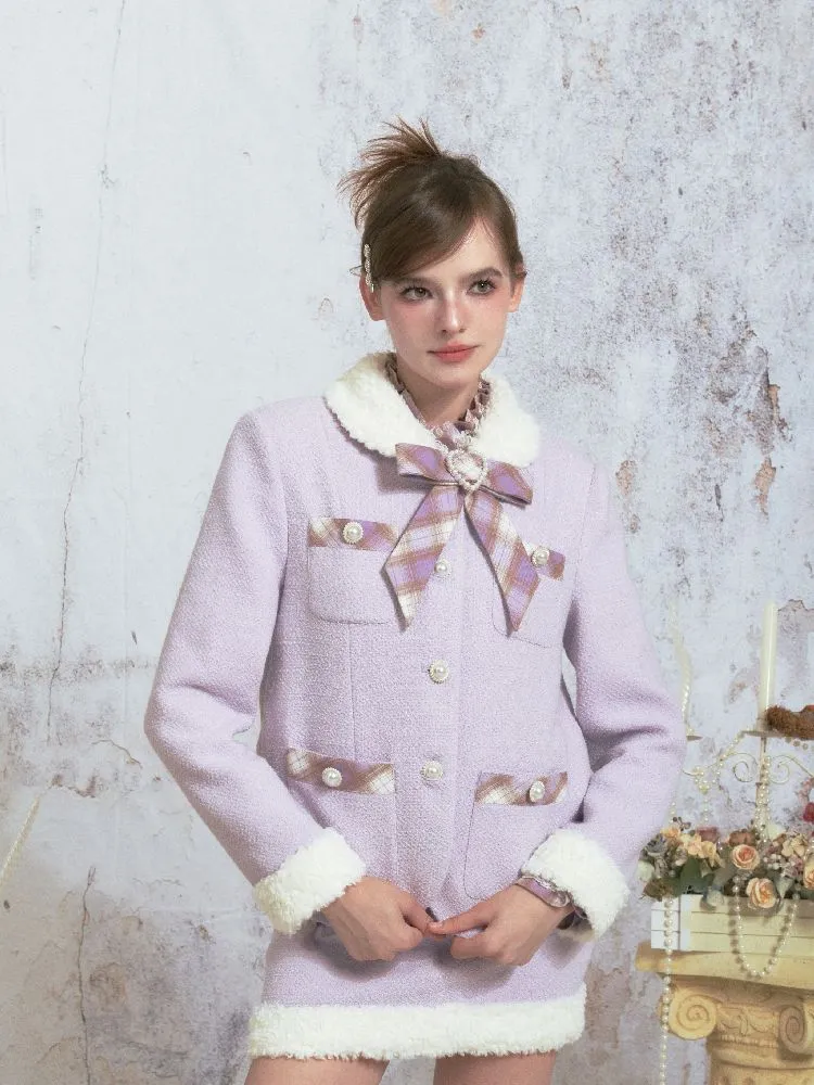 Purple tweed straight jacket half skirt suit【s0000005315】