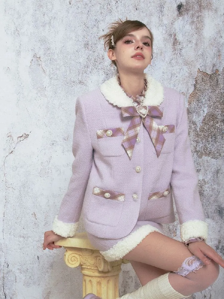 Purple tweed straight jacket half skirt suit【s0000005315】