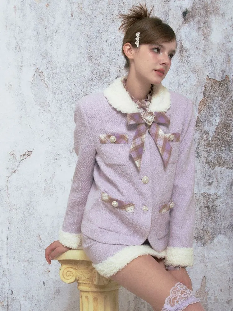 Purple tweed straight jacket half skirt suit【s0000005315】