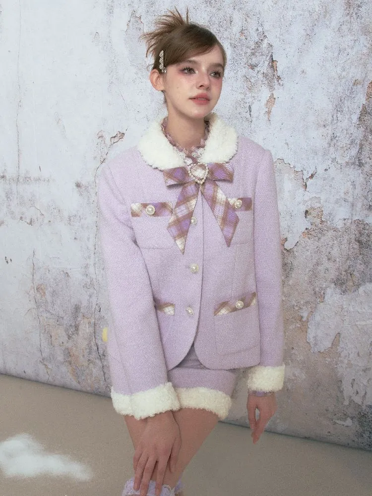 Purple tweed straight jacket half skirt suit【s0000005315】